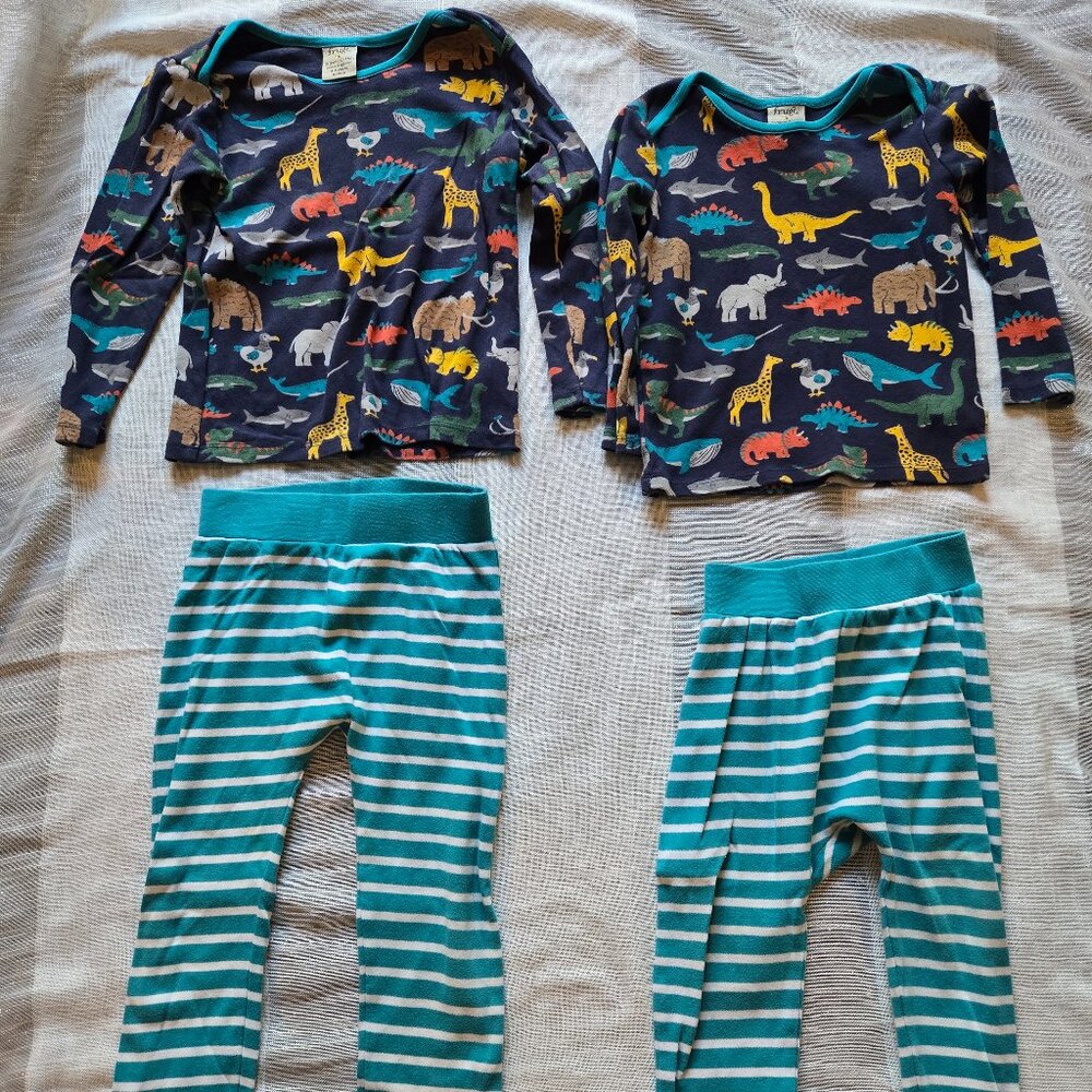 Set of matching sibling long sleeve and pants sets: Frugi 4/5 and 2/3